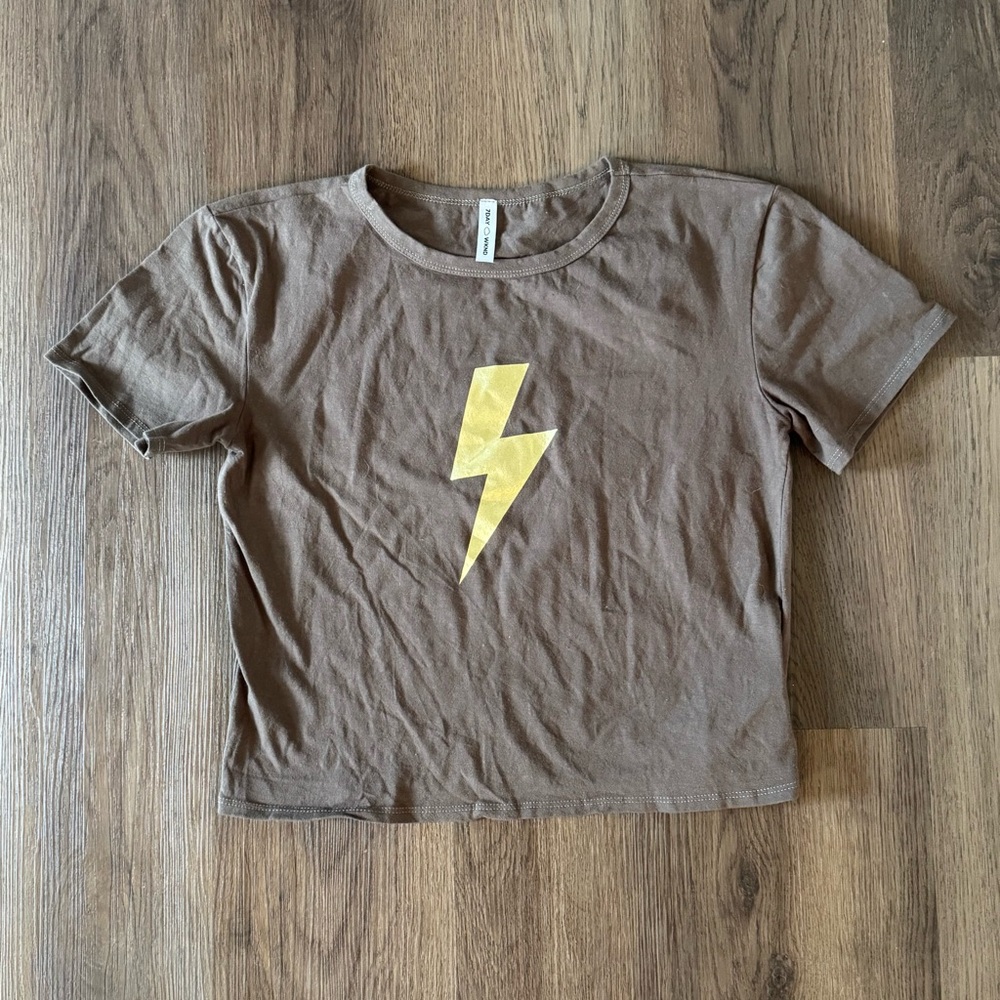 7DAY WKND Womens Brown/Green Lightning Bolt Graphic Crop T Shirt Size M